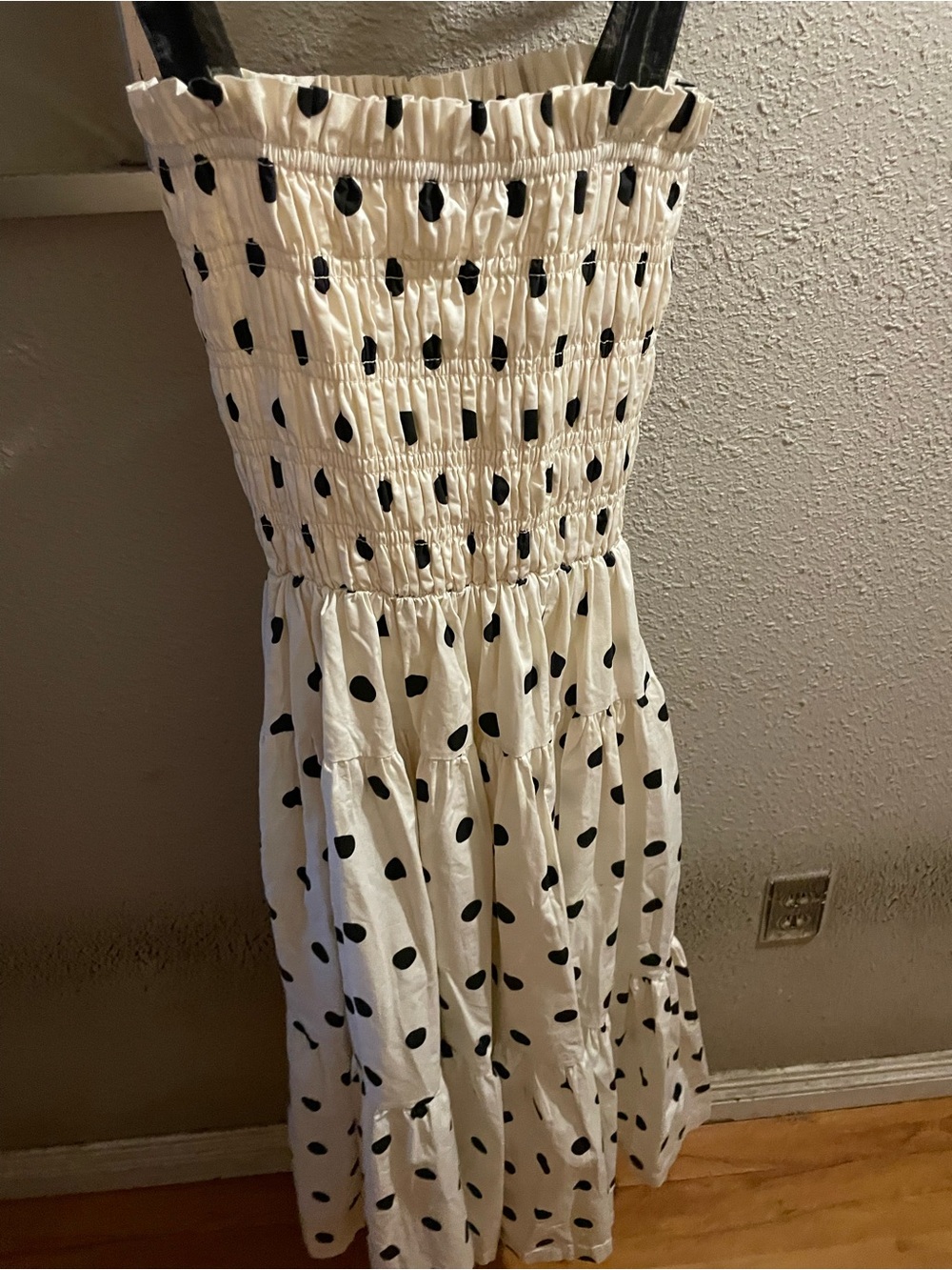 En Saison Cream and Black Polka Dot Smocked Dress